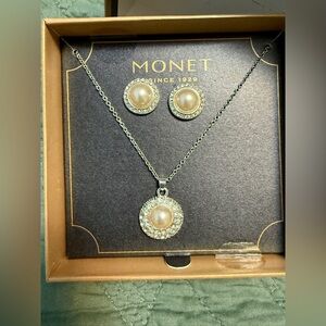 Monet Silver Necklace & Earring Set with Pearl Accents (New in Box)